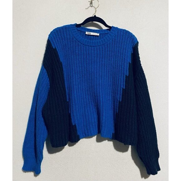Zara Sweater Womens Medium Blue Color Block Chunky Cropped Boho Blogger Fav - Picture 2 of 10
